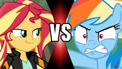 Size: 1281x720 | Tagged: safe, rainbow dash, sunset shimmer, pegasus, equestria girls, equestria girls specials, g4, my little pony equestria girls: movie magic, the end in friend, angry, rage, ragebow dash, smiling, smirk, smugset shimmer, vs