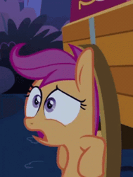 Size: 376x498 | Tagged: safe, screencap, scootaloo, pegasus, pony, g4, season 3, sleepless in ponyville, animated, bipedal, bipedal leaning, breathing, bush, cropped, female, filly, foal, forest, gif, grass, hyperventilating, leaning, night, open mouth, outdoors, scared, solo, wagon, wagon wheel, wheel