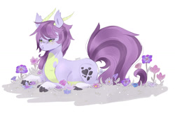 Size: 1700x1100 | Tagged: safe, artist:kraytt-05, oc, oc only, oc:curious violet, dracony, hybrid, female, flower, interspecies offspring, lying down, mare, offspring, parent:rarity, parent:spike, parents:sparity, prone, simple background, solo, white background