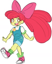 Size: 1325x1643 | Tagged: safe, artist:eemapso, apple bloom, human, g4, adorabloom, blushing, bow, clothes, converse, cute, hair bow, humanized, impossibly large bow, open mouth, open smile, overalls, oversized clothes, pony coloring, shirt button, shoes, simple background, smiling, sneakers, solo, white background, white pupils
