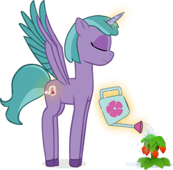 Size: 1375x1346 | Tagged: safe, artist:equestriaexploration, shiny sparks, alicorn, pony, g5, my little pony: tell your tale, alicornified, female, food, magic, mare, race swap, simple background, solo, sparksicorn, strawberry, transparent background, watering can