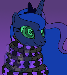 Size: 537x600 | Tagged: dead source, safe, artist:genesis-wolf-leon, princess luna, alicorn, pony, python, snake, g4, coils, cute, female, gradient background, hypno eyes, hypnosis, hypnotized, kaa eyes, lunabetes, mare, smiling, solo, wrapped snugly, wrapped up