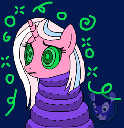 Size: 642x663 | Tagged: dead source, safe, artist:genesis-wolf-leon, clear sky, pony, unicorn, g4, coils, female, hypno eyes, hypnosis, hypnotized, kaa eyes, mare, octoplush, plushie, solo, tentacles, wrapped snugly, wrapped up