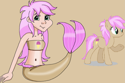Size: 1115x740 | Tagged: safe, artist:ocean lover, strawberry scoop, earth pony, human, mermaid, pony, g4, bandeau, bare midriff, bare shoulders, belly, belly button, brown tail, cheerful, clothes, cute, cutie mark on clothes, fins, fish tail, friendship student, happy, human coloration, humanized, light skin, long hair, mermaid tail, mermaidized, midriff, ms paint, pink hair, pose, reference, simple background, sitting, sleeveless, smiling, species swap, tail, tail fin, tan background, teal eyes, teenager, two toned hair