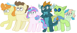 Size: 3068x1336 | Tagged: safe, artist:snoopy7c7, baby rubble, coral currents, lumbar, pound cake, princess flurry heart, pumpkin cake, alicorn, changedling, changeling, dragon, earth pony, pegasus, pony, unicorn, g4, female, group, male, mare, older, older coral currents, older flurry heart, older lumbar, older pound cake, older pumpkin cake, older rubble, simple background, stallion, white background
