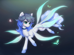 Size: 4055x3023 | Tagged: source needed, safe, artist:chean.cobalt, oc, oc only, oc:rayseam, pony, concave belly, ethereal tail, eyebrows, eyelashes, female, hooves, mare, slender, solo, sparkly tail, spread wings, tail, thin, turned head, wings