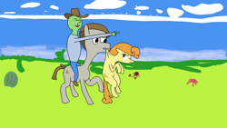 Size: 1920x1080 | Tagged: safe, artist:alltheclovers, carrot top, golden harvest, mudbriar, oc, oc:anon, pony, g4, 1000 hours in ms paint, beach, cowboy hat, hat, riding, riding a pony, scruff