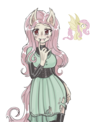 Size: 1602x2000 | Tagged: safe, artist:hachtrukachh, fluttershy, bat pony, human, pony, g4, blushing, clothes, corset, cute, cute little fangs, dress, eared humanization, fangs, female, flutterbat, humanized, mare, open mouth, race swap, shyabates, shyabetes, simple background, socks, solo, stockings, thigh highs, torn clothes, white background, winged humanization, wings