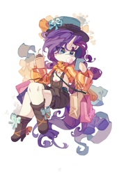 Size: 821x1200 | Tagged: safe, artist:saxopi, rarity, unicorn, semi-anthro, g4, arm hooves, bag, boots, bowtie, bubblegum, cellphone, clothes, cup, drinking straw, food, gum, hat, high heel boots, phone, shoes, shopping bag, simple background, smartphone, solo, suspenders, white background
