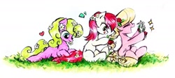 Size: 2728x1224 | Tagged: safe, artist:liaaqila, daisy, flower wishes, lily, lily valley, roseluck, earth pony, pony, g4, commission, cute, female, flower trio, mare, traditional art, trio, trio female
