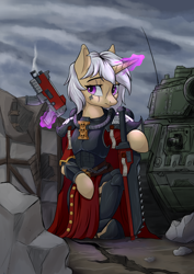 Size: 2480x3508 | Tagged: safe, artist:qwq2233, oc, pony, unicorn, adepta sororitas, armor, bolter, chainsword, crossover, gun, high res, purity seal, sword, tank (vehicle), warhammer (game), warhammer 40k, weapon