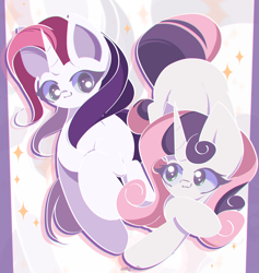 Size: 2750x2900 | Tagged: safe, artist:miryelis, sweetie belle, sweetie belle (g3), pony, unicorn, mlp fim's thirteenth anniversary, g3, g4, big ears, duo, female, full body, high res, horn, long hair, looking at each other, looking at someone, mare, simple background, smiling, smiling at each other, sparkles