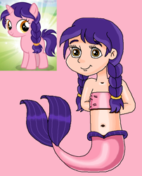 Size: 608x754 | Tagged: safe, artist:ocean lover, raspberry dazzle, human, mermaid, pony, unicorn, g4, amber eyes, background pony, bandeau, bare midriff, bare shoulders, belly, belly button, braid, braided pigtails, child, female, filly, fins, fish tail, foal, friendship student, happy, human coloration, humanized, innocent, light skin, looking at you, mermaid tail, mermaidized, midriff, ms paint, pigtails, pink background, pink tail, purple hair, reference, simple background, sleeveless, smiling, smiling at you, solo, species swap, tail, tail fin, two toned hair