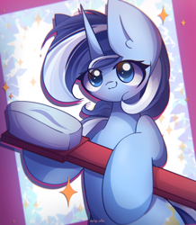 Size: 2350x2700 | Tagged: safe, artist:miryelis, minuette, pony, unicorn, g4, background pony, big ears, female, high res, looking at you, mare, signature, simple background, smiling, smiling at you, solo, sparkles, toothbrush