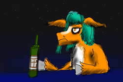 Size: 4200x2800 | Tagged: safe, artist:horsesplease, hitch trailblazer, earth pony, pony, series:ask failblazer, g5, alcohol, bottle, drink, drunk, facial hair, goatee, insanity, night, sad, sad hitch, solo, stars, vulgar description