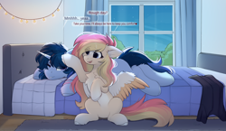 Size: 2913x1688 | Tagged: safe, artist:little-sketches, oc, oc only, oc:comet bluejay, oc:star trail, pegasus, pony, unicorn, bed, bedroom, belly, chest fluff, duo, female, gradient hooves, hooves, horn, leg fluff, looking at each other, looking at someone, lying down, male, mare, pale belly, pegasus oc, sitting, stallion, undressed, unicorn oc