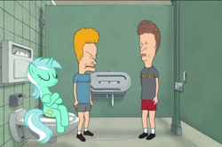 Size: 1080x715 | Tagged: safe, edit, lyra heartstrings, human, pony, unicorn, g4, slice of life (episode), anatomically incorrect, bathroom, bathroom stall, beavis, beavis and butthead, but why, butthead, incorrect leg anatomy, not salmon, public bathroom, sitting, sitting on toilet, that pony sure does love humans, toilet, toilet paper, wat