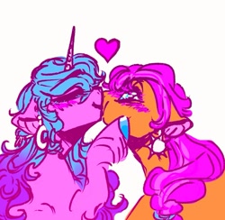Size: 1213x1183 | Tagged: safe, artist:rare-apples, izzy moonbow, sunny starscout, earth pony, pony, unicorn, g5, 2d, digital art, duo, eyes rolling back, female, happy, horn, kiss on the lips, kissing, lesbian, long mane, mare, ship:moonscout, shipping, simple background, smiling
