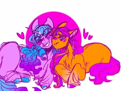 Size: 2048x1536 | Tagged: safe, artist:rare-apples, izzy moonbow, sunny starscout, earth pony, pony, unicorn, g5, 2d, digital art, duo, female, happy, horn, kissing, lesbian, long mane, looking at each other, looking at someone, mane stripe sunny, mare, nuzzling, ship:moonscout, shipping, simple background, sitting, smiling, smiling at each other