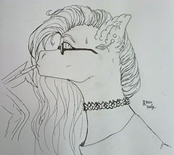 Size: 2437x2160 | Tagged: safe, artist:raychelrage, oc, oc only, oc:star dust, pegasus, pony, awkward moment, black and white, bust, choker, clothes, ear piercing, earring, eyelashes, feather, femboy, glasses, grayscale, high res, jewelry, lipstick, long mane, looking at you, loose hair, makeup, male, monochrome, piercing, portrait, profile, requested art, simple background, sketch, solo, traditional art, white background, wings