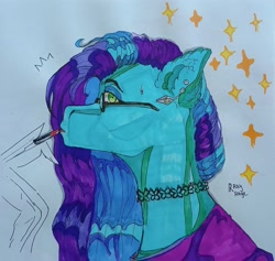 Size: 2277x2160 | Tagged: safe, artist:raychelrage, oc, oc only, oc:star dust, pegasus, pony, awkward moment, blue eyeshadow, blue mane, bust, choker, clothes, ear piercing, earring, eyelashes, eyeshadow, feather, femboy, glasses, green eyes, high res, jewelry, lipstick, long mane, looking at you, loose hair, makeup, male, marker drawing, multicolored mane, piercing, portrait, profile, purple mane, red lipstick, requested art, simple background, solo, traditional art, white background, wings