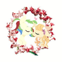 Size: 1500x1500 | Tagged: safe, artist:belka-sempai, oc, oc only, oc:amethyst star, oc:tcb, pony, bust, duo, eyes closed, heart, jewelry, necklace, nuzzling, portrait, simple background, white background, wreath