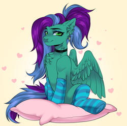 Size: 2016x2000 | Tagged: safe, alternate version, artist:kira, oc, oc only, oc:star dust, pegasus, pony, blue eyeshadow, blue mane, blue socks, blue tail, chest fluff, choker, clothes, commission, cream background, ear piercing, earring, eyelashes, eyeliner, eyeshadow, femboy, full body, green eyes, high res, jewelry, long mane, looking at you, loose hair, makeup, male, multicolored mane, multicolored tail, piercing, pillow, ponytail, purple mane, purple tail, simple background, smiling, smiling at you, socks, solo, stockings, striped socks, tail, thigh highs, traditional art, wings, ych result
