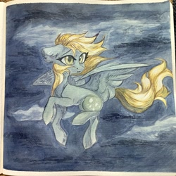 Size: 3019x3013 | Tagged: safe, artist:jsunlight, derpy hooves, pegasus, pony, g4, cloud, concave belly, female, flowing mane, flying, high res, mare, partially open wings, sky, solo, traditional art, turned head, watercolor painting, wings