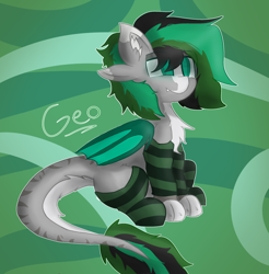 Size: 2022x2055 | Tagged: safe, artist:geo, oc, oc:geo, draconequus, hybrid, bat wings, chest fluff, clothes, four ears, long tail, male, paws, sitting, socks, solo, striped socks, tail, wings