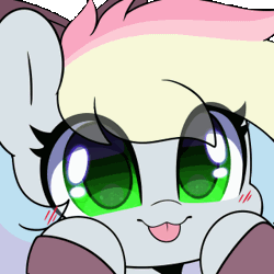 Size: 320x320 | Tagged: safe, artist:sakukitty, oc, oc only, oc:blazey sketch, :p, animated, blinking, blushing, bow, clothes, cute, gif, green eyes, grey fur, hair bow, heart, multicolored hair, ocbetes, simple background, smiling, solo, sweater, tongue out, transparent background