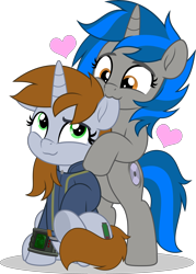 Size: 3581x5000 | Tagged: safe, artist:jhayarr23, oc, oc only, oc:homage, oc:littlepip, pony, unicorn, fallout equestria, bipedal, biting, clothes, commission, commissioner:solar aura, cute, duo, ear bite, female, horn, jumpsuit, lesbian, oc x oc, pipbuck, ship:pipmage, shipping, simple background, transparent background, unicorn oc, vault suit, ych result