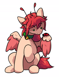 Size: 1414x1866 | Tagged: safe, artist:ju4111a, oc, oc only, oc:chise, insect, ladybug, pegasus, pony, antennae, bell, bell collar, chest fluff, collar, colored wings, female, insect on someone, looking at something, mare, partially open wings, pegasus oc, pegasus wings, raised hoof, simple background, sitting, solo, two toned wings, white background, wings