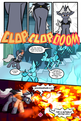 Size: 1567x2351 | Tagged: safe, artist:virmir, oc, oc:virmare, oc:virmir, deer, pony, reindeer, unicorn, comic:so you've become a pony villain, blast, castle, comic, determined look, dialogue, dramatic entrance, fire, fire magic, floppy ears, ice, ice castle, ice deer, magic, melting, onomatopoeia, sound effects, sparkles, speech bubble, stairs