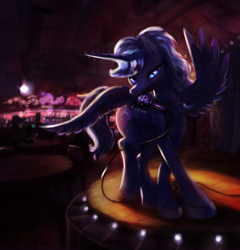 Size: 2595x2703 | Tagged: safe, artist:tiffortat, oc, oc only, oc:midnight, alicorn, pony, bootleg, commission, female, high res, indoors, karaoke, looking at you, mare, microphone, seductive look, singing, stage, strutting