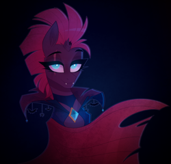 Size: 1040x1000 | Tagged: safe, artist:thewandie, fizzlepop berrytwist, tempest shadow, bat, pony, spider, undead, unicorn, vampire, vampony, g4, blood, broken horn, cape, clothes, commission, cute, eye scar, facial scar, fangs, female, halloween, holiday, horn, makeup, mare, scar, solo, tempestbetes, ych result