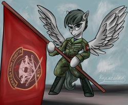 Size: 988x809 | Tagged: safe, artist:kirieshka, oc, oc only, pegasus, pony, boots, call of duty, call of duty: modern warfare 2, clothes, flag, military, military pony, military uniform, shoes, soldier, soldier pony, uniform, war