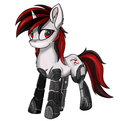 Size: 1200x1200 | Tagged: safe, artist:weiling, oc, oc only, oc:blackjack, cyborg, cyborg pony, pony, unicorn, fallout equestria, fallout equestria: project horizons, cybernetic legs, level 2 (project horizons), simple background, solo, white background