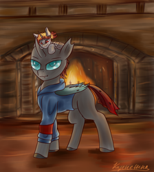 Size: 2150x2402 | Tagged: safe, artist:kirieshka, oc, oc:fire ray, oc:mader, alicorn, changeling, pony, alicorn oc, changeling oc, clothes, duo, duo male, fire, fireplace, hat, high res, holeless, horn, male, wings