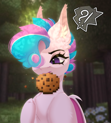 Size: 1952x2160 | Tagged: source needed, safe, artist:elektra-gertly, oc, oc only, oc:sweetie swirl, bat pony, pony, commission, cookie, eyelashes, femboy, food, forest, male, minecraft, solo, ych result