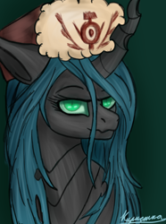 Size: 780x1050 | Tagged: safe, artist:kirieshka, queen chrysalis, changeling, changeling queen, pony, g4, bust, clothes, female, hat, portrait, smiling, solo