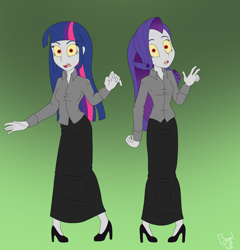 Size: 4488x4676 | Tagged: safe, artist:bageloftime, rarity, twilight sparkle, human, undead, zombie, equestria girls, g4, clothes, duo, gradient background, halloween, halloween 2023, high heels, holiday, long skirt, shoes, signature, skirt