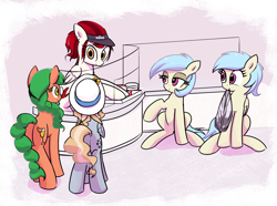 Size: 2690x2000 | Tagged: safe, artist:vultraz, oc, oc only, oc:fair flyer, oc:matinee, oc:morning mimosa, oc:soiree, oc:wah wah, earth pony, pegasus, pony, mare fair, bag, butt, earth pony oc, female, food, glasses, hat, high res, mare, pegasus oc, pizza, plastic bag, plot, siblings, sisters, sitting, twins, visor, wawa, wings