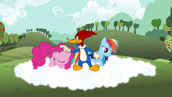 Size: 1280x720 | Tagged: safe, edit, edited screencap, screencap, pinkie pie, rainbow dash, bird, earth pony, pegasus, pony, woodpecker, g4, season 3, too many pinkie pies, '90s, 2000s, angry, apple, apple tree, cloud, crossover, cute, dashabetes, diapinkes, eyes closed, female, field, grass, grass field, male, mare, on a cloud, pointing, smiling, the new woody woodpecker show, tree, trio, universal studios, walter lantz, woody woodpecker, woody woodpecker (series)