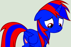Size: 2382x1560 | Tagged: safe, artist:stephen-fisher, oc, oc only, oc:stephen (stephen-fisher), alicorn, pony, eyestrain warning, folded wings, gray background, looking down, male, male alicorn, male alicorn oc, needs more saturation, red and blue, red eyes, sad, simple background, solo, stallion, wings