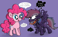 Size: 3439x2167 | Tagged: safe, artist:background basset, pinkie pie, rainbow dash, earth pony, pegasus, pony, g4, breaking the fourth wall, dialogue, dialogue box, high res, sharp teeth, simple background, speech bubble, symbiote, teeth, text, tongue out, venom