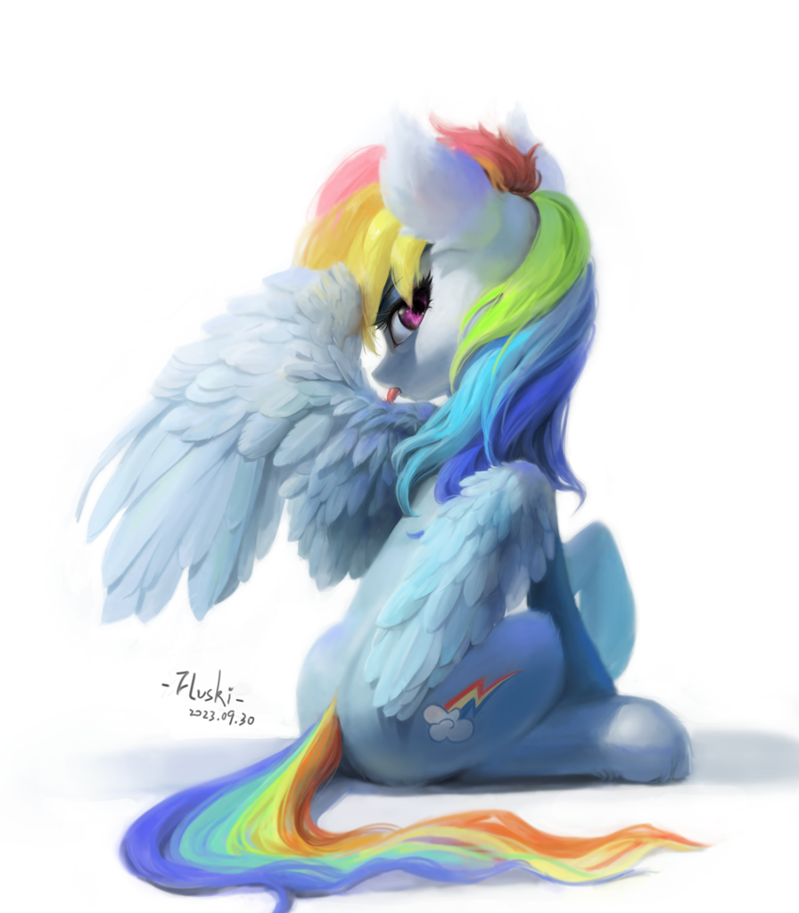 [butt,feather,female,fluffy,grooming,looking at you,looking back,mare,pegasus,plot,pony,preening,rainbow dash,raised hoof,safe,signature,simple background,sitting,solo,white background,wings,tongue out,ear fluff,one wing out,artist:flvski]
