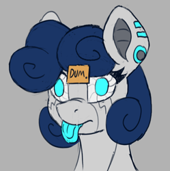 Size: 1684x1694 | Tagged: safe, artist:reddthebat, oc, oc only, oc:syn (reddthebat), pony, robot, robot pony, blank stare, bust, female, gray background, mare, no pupils, post-it, simple background, solo, tongue out, vacant stare