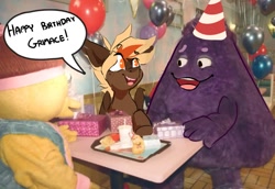 Size: 1161x800 | Tagged: safe, artist:jazzynsfw, oc, oc:longshot, bird, pegasus, pony, anthro, anthro with ponies, birdie the early bird, birthday, blob, drink, female, grimace (mcdonald's), grimace shake, male, mascot, mcdonald's, meme, pegasus oc, restaurant, stallion, trio