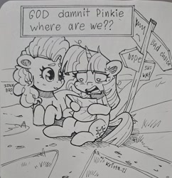 Size: 1984x2048 | Tagged: safe, artist:krista-21, pinkie pie, twilight sparkle, earth pony, pony, unicorn, g4, confused, duo, female, floppy ears, flustered, grayscale, hoof hold, idk, inktober, inktober 2023, lying down, mare, messy mane, monochrome, prone, road sign, sign, sitting, traditional art, unicorn twilight