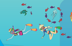 Size: 814x523 | Tagged: safe, artist:polorenzielephant, artist:shoxxe, adagio dazzle, applejack, rainbow dash, fish, human, jellyfish, seahorse, equestria girls, g4, clothes, female, offscreen character, offscreen female, sea turtle, snorkel, snorkeling, swimsuit